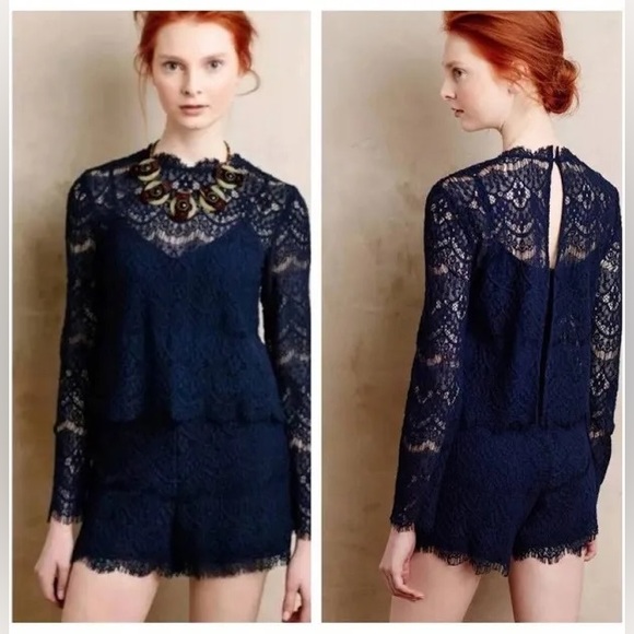 Anthropologie Pants - Anthropologie Saylor Navy Blue Lace Romper XS